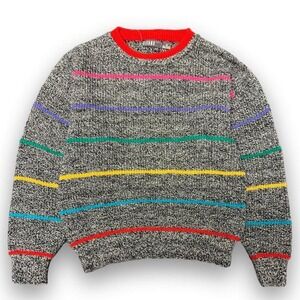 Vintage Gitano Knit Rainbow Stripe Grey Marled Sweater 90s Womens Medium